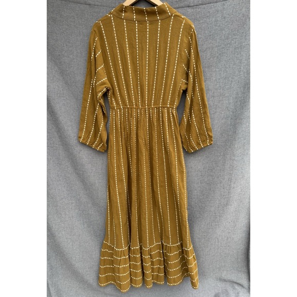 World Market Mira Maxi Dress Size S/M Mustard Tobacco Ivory Stripe Kaftan Pocket - Picture 5 of 10